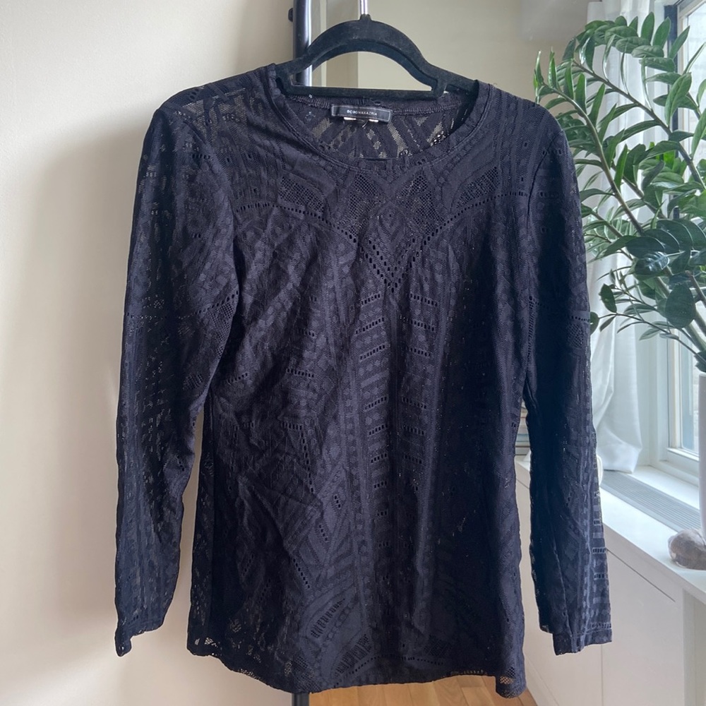 BCBGMAXAZRIA sheer lace long sleeve black top